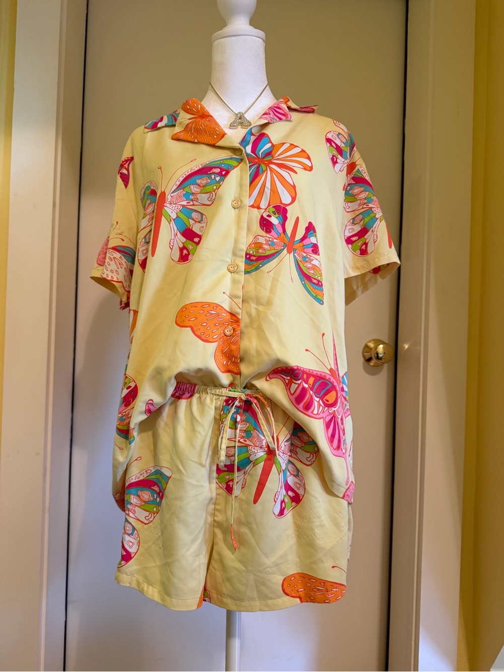 Rare Victoria’s Secret Yellow Butterfly Print Pajama Set with Multicolor Accent